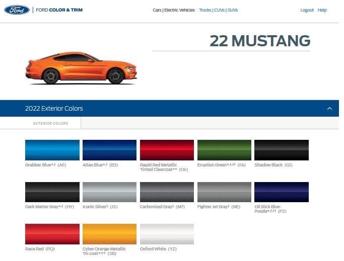 Ford Mustang Car Colors