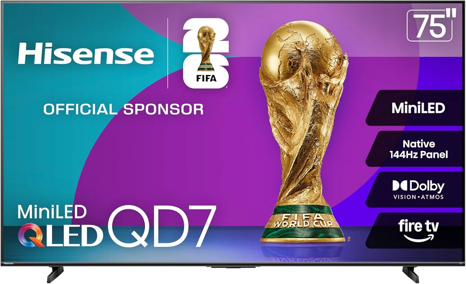 Hisense 75″ QD7 Mini-LED 4K Smart Fire TV – QLED, 144Hz, HDR10+, Dolby Vision/Atmos, Game Mode Pro, Alexa Built-in (75QD7QF)