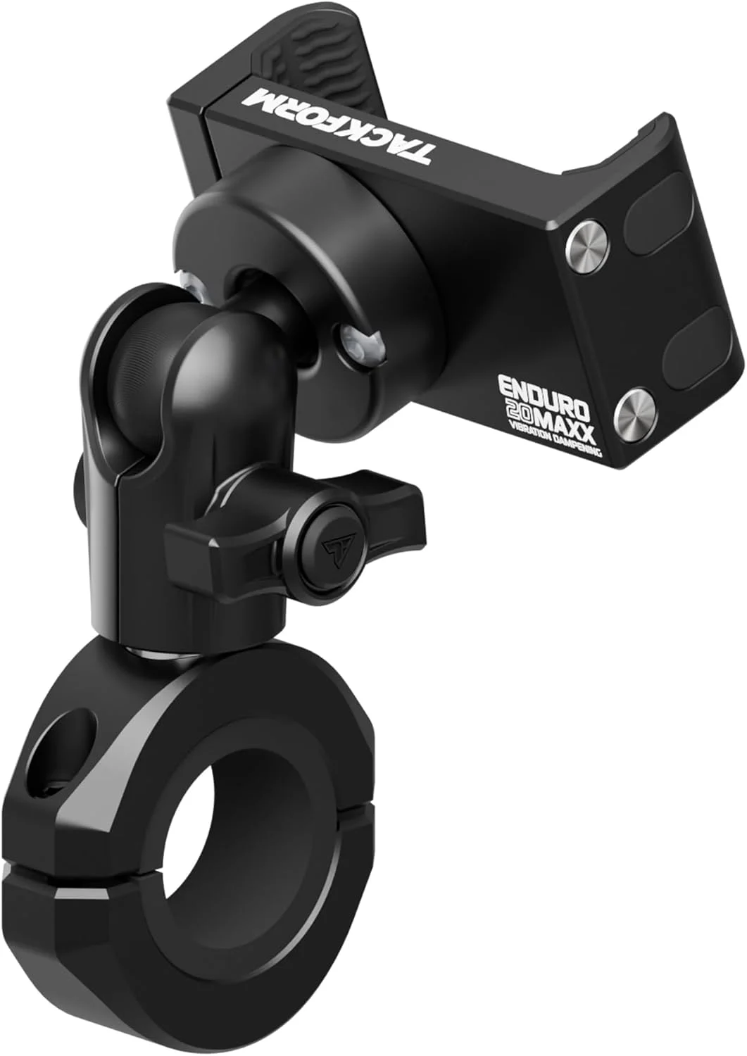 Tackform Black Motorcycle All Metal Phone Mount – Vibration Dampening 20MAXX Spring Cradle | Universal Clamp Fits 7/8″ to 1-1/4″ Handlebars | Compatible with iPhones, Galaxy, More | Short Reach Arm