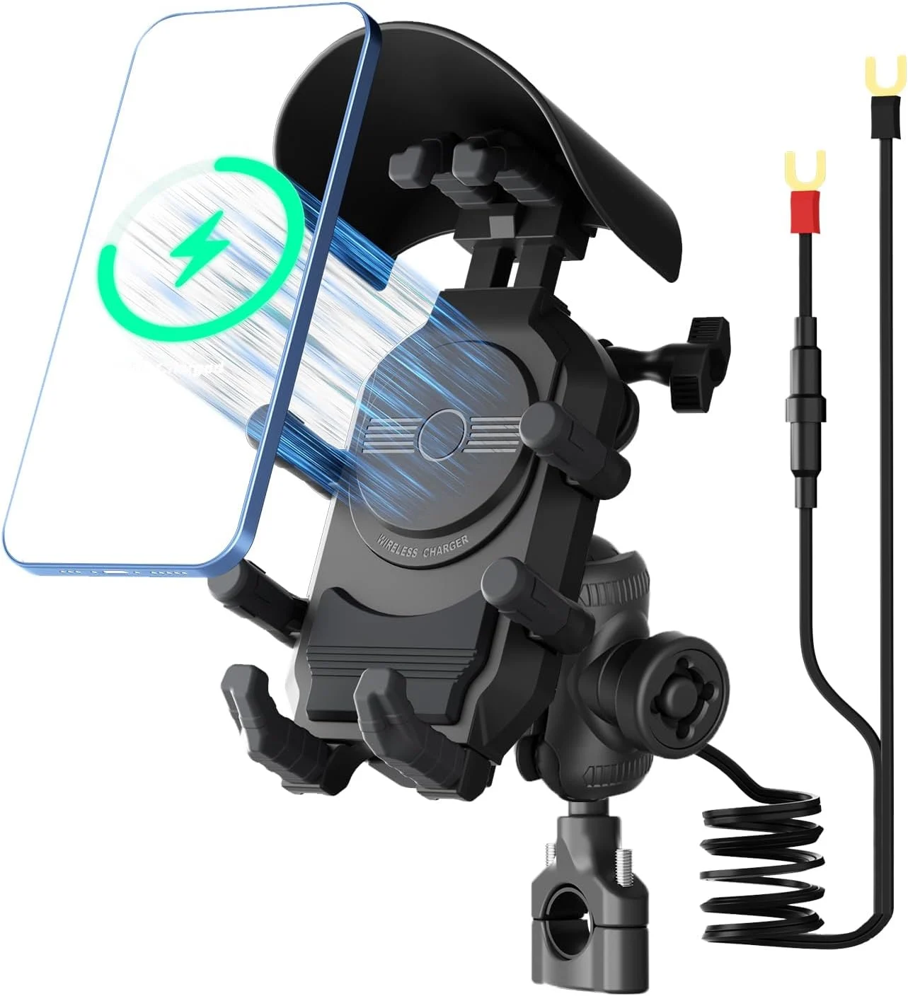 Motorcycle Phone Mount with 15W Wireless Charger & PD/USB-C USB Quick Charger Anti Vibration Theft Motorcycle Phone Holder with Sun Shade for Motorcycles