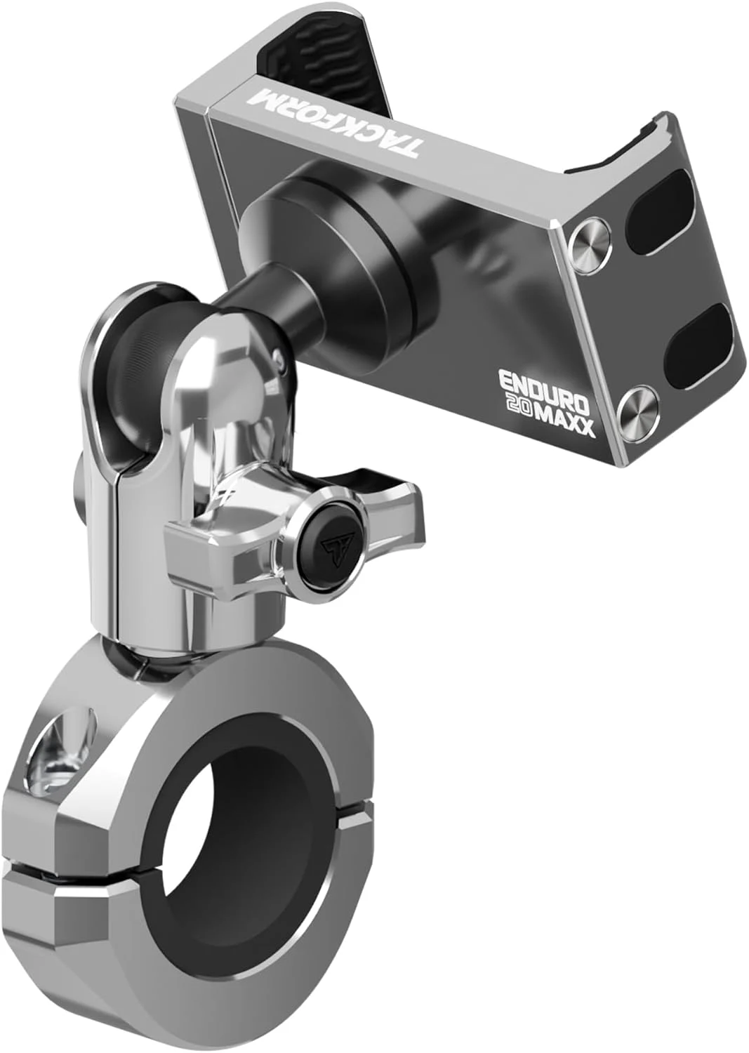 Tackform Chrome Motorcycle All Metal Phone Mount – 20MAXX Spring Cradle | Universal Clamp Fits 7/8″ to 1-1/4″ Handlebars | Aluminum | Compatible with iPhones, Galaxy Devices, More | Short Reach Arm