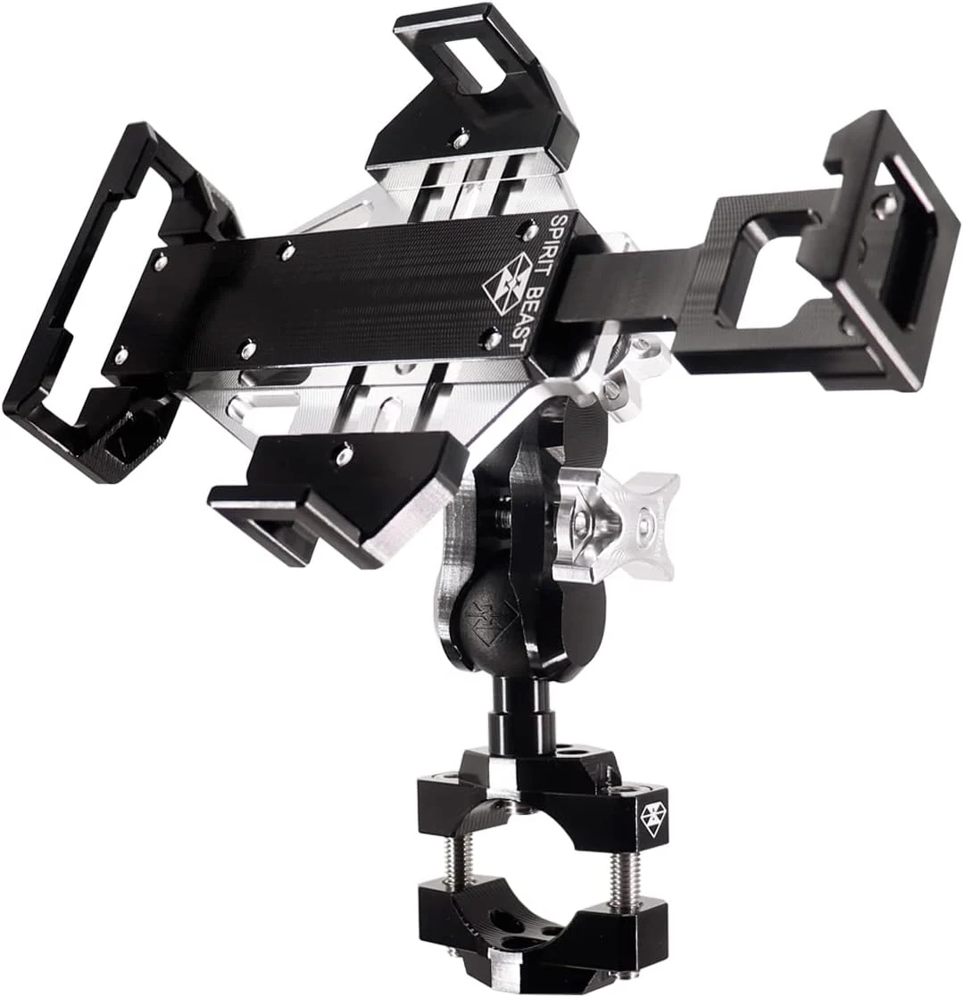 Rock Solid Metal Motorcycle Phone Mount, Aluminum Cell Phone Holder, Sturdy and Anti-Theft, Compatible with Harley Davidson and Most Motorcycle Handlebars (Silver ＆ Black)