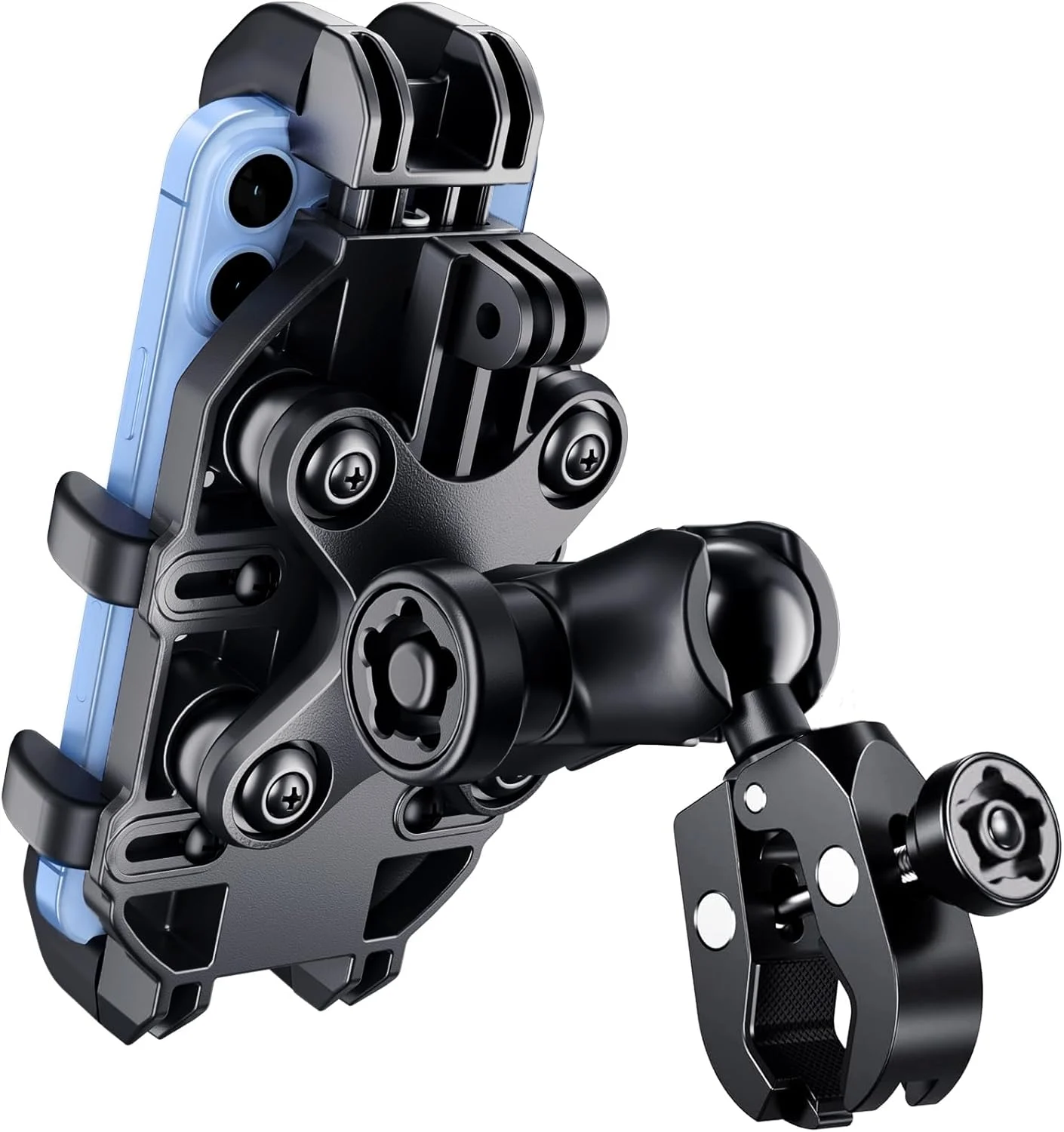 Motorcycle Phone Mount Holder with Vibration Dampener Anti-Shake 720° Adjustable for iPhone 16 Pro Max for Samsung 5.4”-6.9” Phone Anti-Theft Dirt Bikes(Clamp Base 0.47-1.77″ Handlebar)