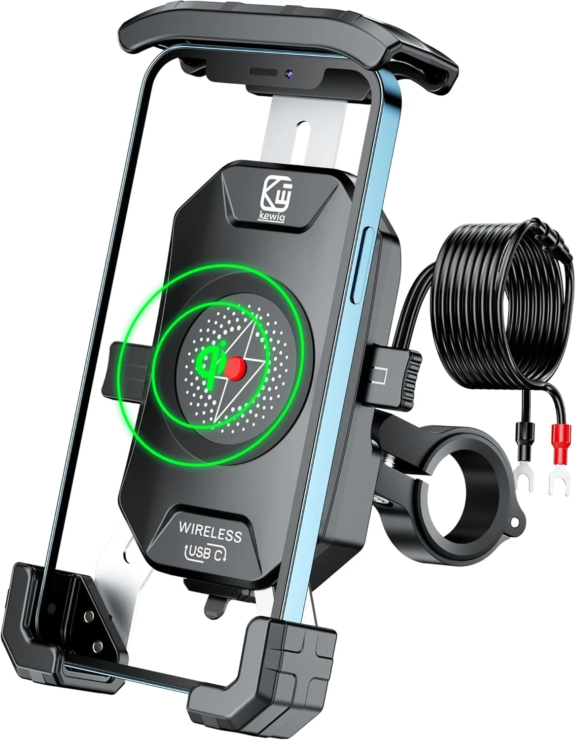 BRCOVAN Motorcycle Phone Mount Holder with Qi 15W Wireless Charger & PD/USB-C 20W Fast Charging Port, [1s Lock] Cellphone Cradle with Aluminum Alloy Handlebar Mounting Base for 4-7” Smartphone