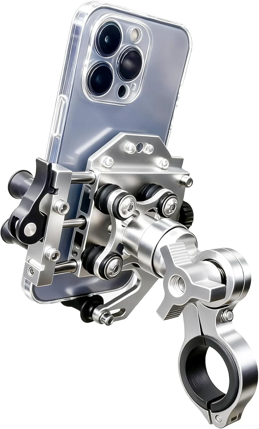 Motorcycle Phone Mount with Vibration Dampener, Aluminum Alloy Bike Phone Holder,Handlebar Phone Mount for Ebike, ATV, Fit 4.7-7″ Phones (Silver, Standard – 4 Springs)