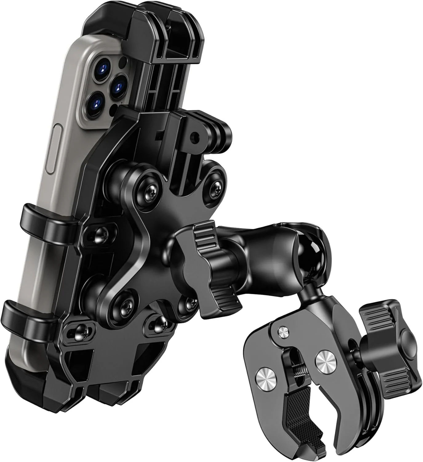 BRCOVAN Motorcycle Phone Mount Holder with Vibration Dampener, Anti-Shake Cellphone Clamp Fit Handlebars 0.5” to 1.5” in Diameter for Bike Bicycle Scooter ATV, Adjustable Fit 5.4-6.9” Smartphones