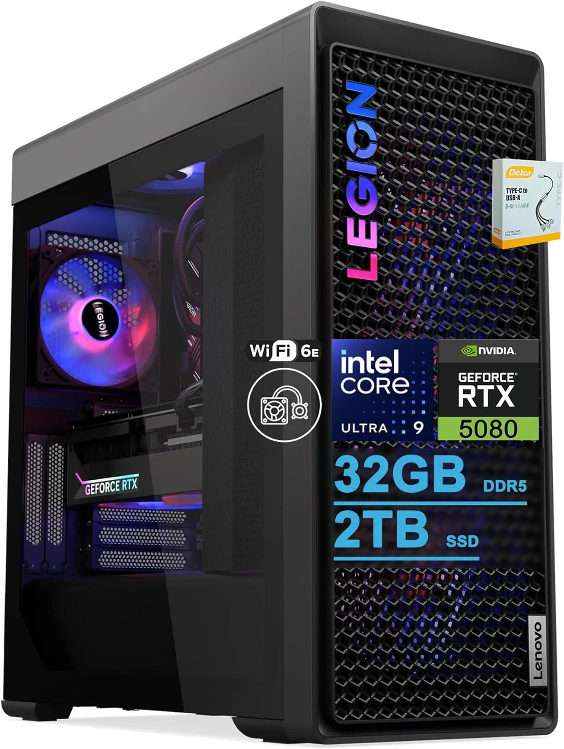 Lenovo Legion Tower 7i Gen 10 Gaming AI Desktop | Intel 24-core Ultra 9 285K | 32GB DDR5 2TB SSD | GeForce RTX 5080 (Up to 1801 AI Tops) | 360mm Liquid Cooler ARGB Fan 850W PSU Win11 w/DLCA Accessory