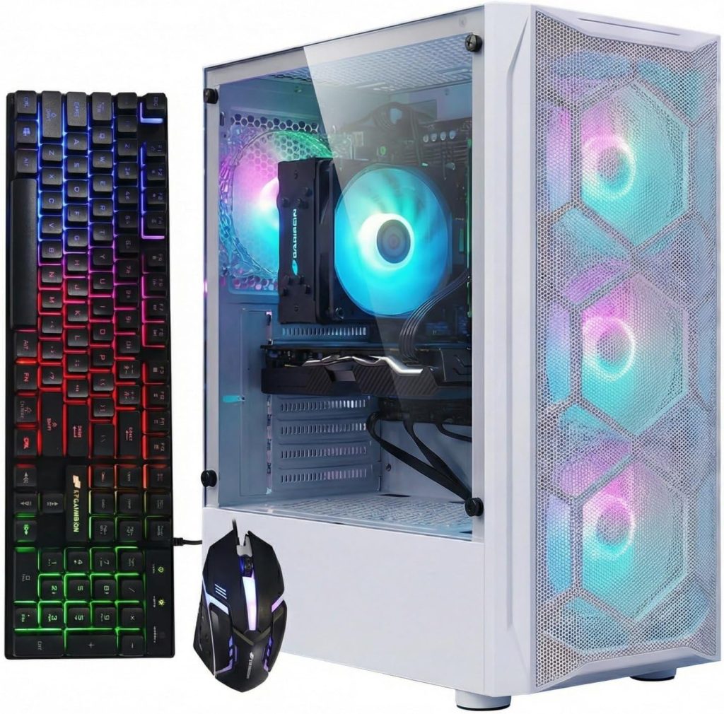 STGAubron Gaming PC Desktop Computer, Intel Xeon E5 2.5G up to 3.3GHz, Radeon RX 590 8G, 32GB RAM, 1TB SSD, WiFi, BT 5.0, RGB Fan x4, Windows 11 Home,White