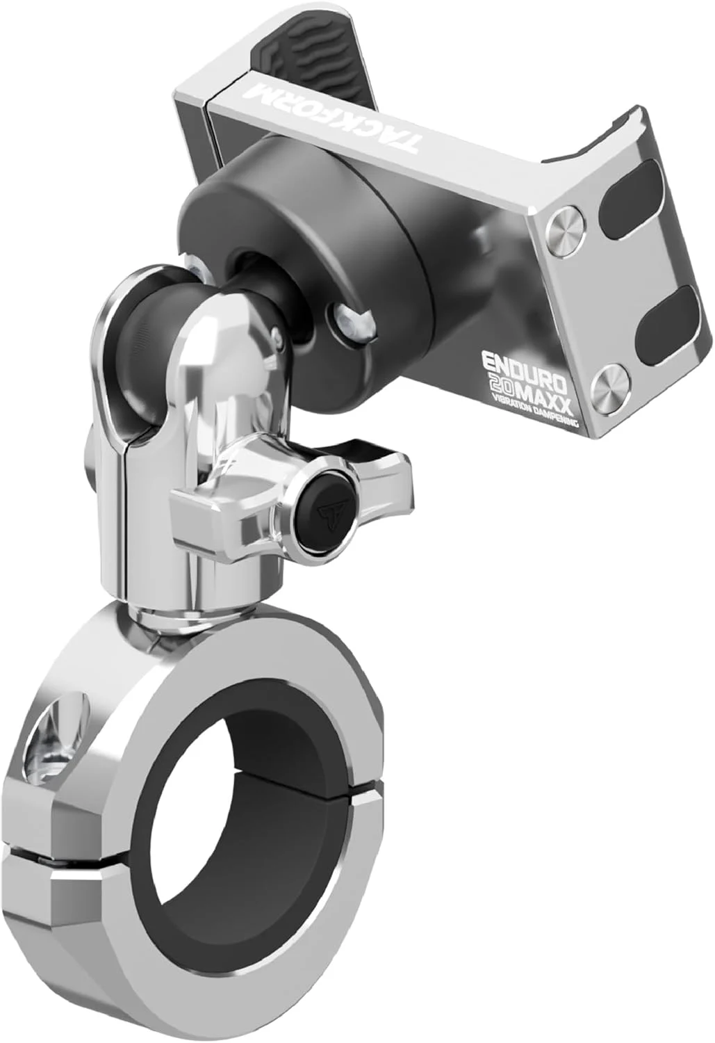 Tackform Chrome Motorcycle All Metal Phone Mount – Vibration Dampening 20MAXX Spring Cradle | Universal Clamp Fits 1-1/4″ to 1-1/2″ Handlebars | Compatible with iPhone, Galaxy, More | Short Reach