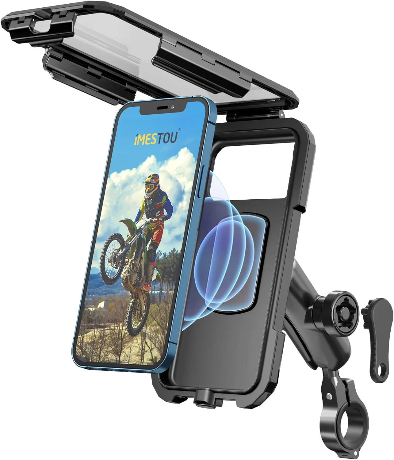 iMESTOU Waterproof Motorcycle Wireless Mount with USB-C Fast Charger, Anti-Theft 1″ Ball Phone Holder with Aluminum Handlebar Mounting Base Fits for 5.5″-6.8″ Cellphones (L)