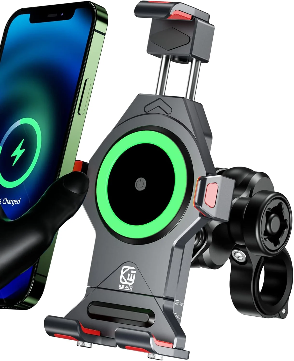 BRCOVAN Motorcycle Phone Mount with Qi 15W Wireless Charger & Vibration Dampener, Anti-Theft, Anti-Shake, Adjustable, Aluminum Alloy Motorcycle Handlebar Cellphone Holder for 4.7”-7.2” Smartphones