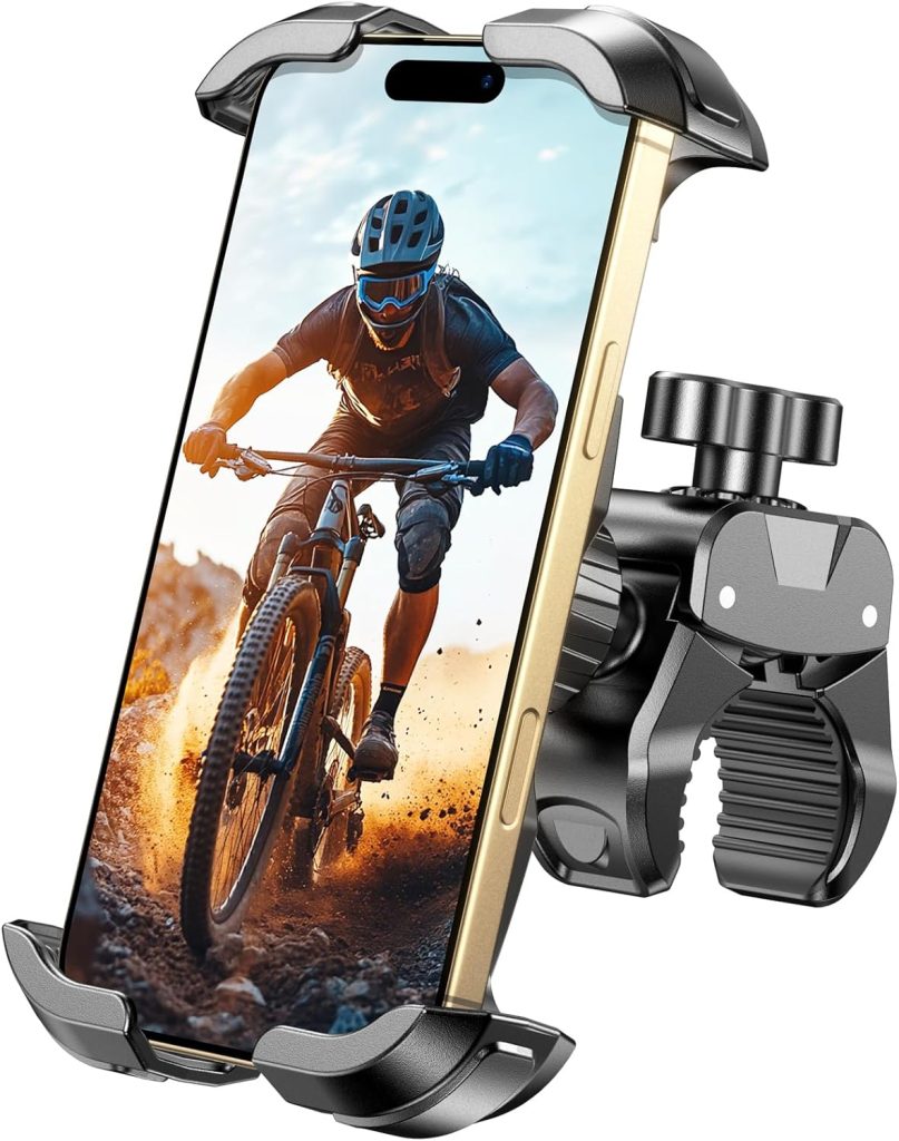 Motorcycle Phone Mount, [One-Click Lock] Bike Phone Holder, [Upgrade Cushioned Protection] Handlebar Phone Mount with Security Lock Compatible with iPhone, Samsung and 4.7-6.9” Smartphones