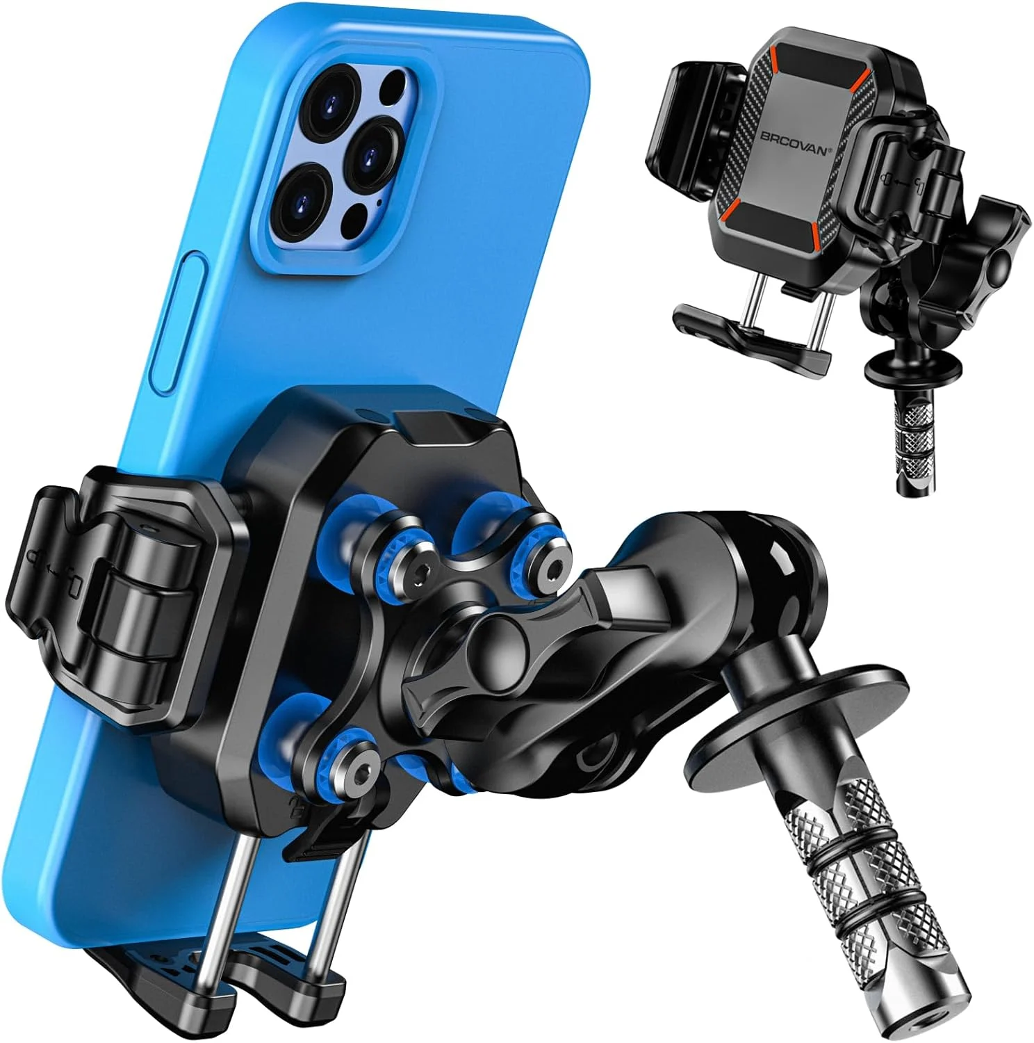 BRCOVAN Anti-Theft Motorcycle Fork Stem Phone Mount Holder with Vibration Dampener [1s Lock] [Camera Friendly] Adjustable Size Mobile Phone Cradle Fit 5.4-7.2″ Cellphones