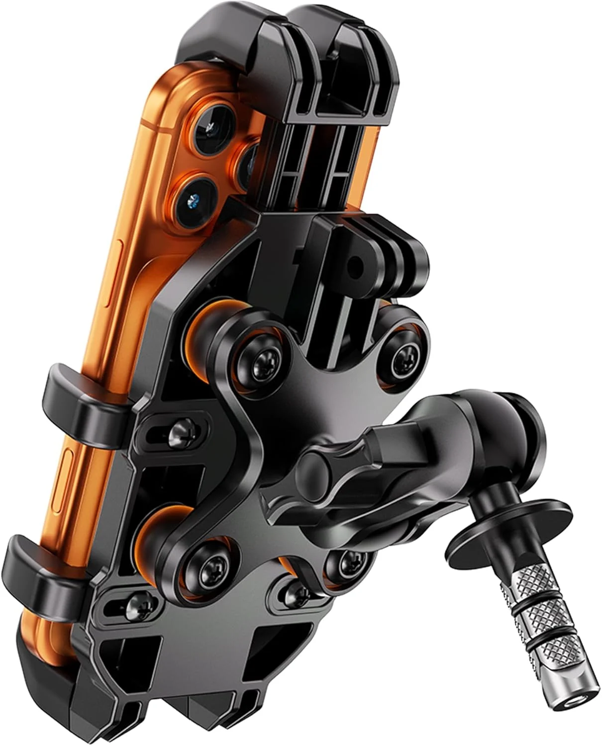 LOKTENWO Anti-Theft Motorcycle Fork Stem Phone Mount with Vibration Dampener, with Aluminum Arm & Metal Fork Stem Mounting Base, for Stem Tubes 12mm-25.4mm in Diameter, for 5.4″-6.9″ Cellphones