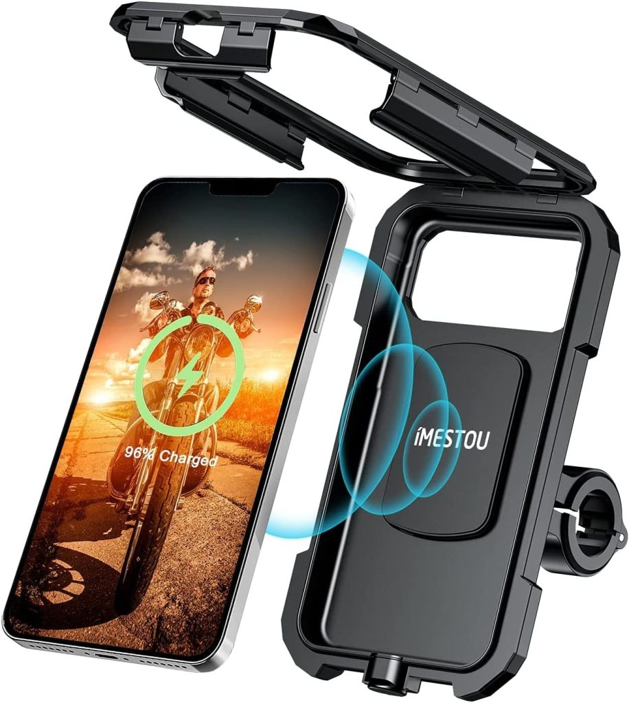 iMESTOU Waterproof IP67 Motorcycle Phone Mount Wireless/USB C Charger Handlebar Cellphone Holder Quick Charge for 5.5″-6.8″ Phones, Work by Wiring to 12/24V Motorcycles or Plugging to USB A Sockets