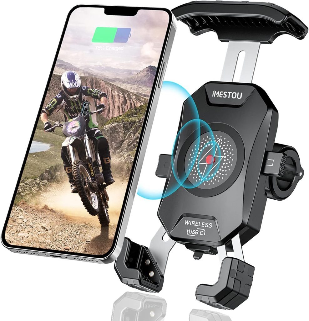 iMESTOU Motorcycle Wireless Phone Mount Charger -Motorcycle USB C 3.0 Phone Holder Qi 15W by Wiring/Plugging to USB A Socket Aluminium Handlebar Base Waterproof for 4-7″ Cellphones