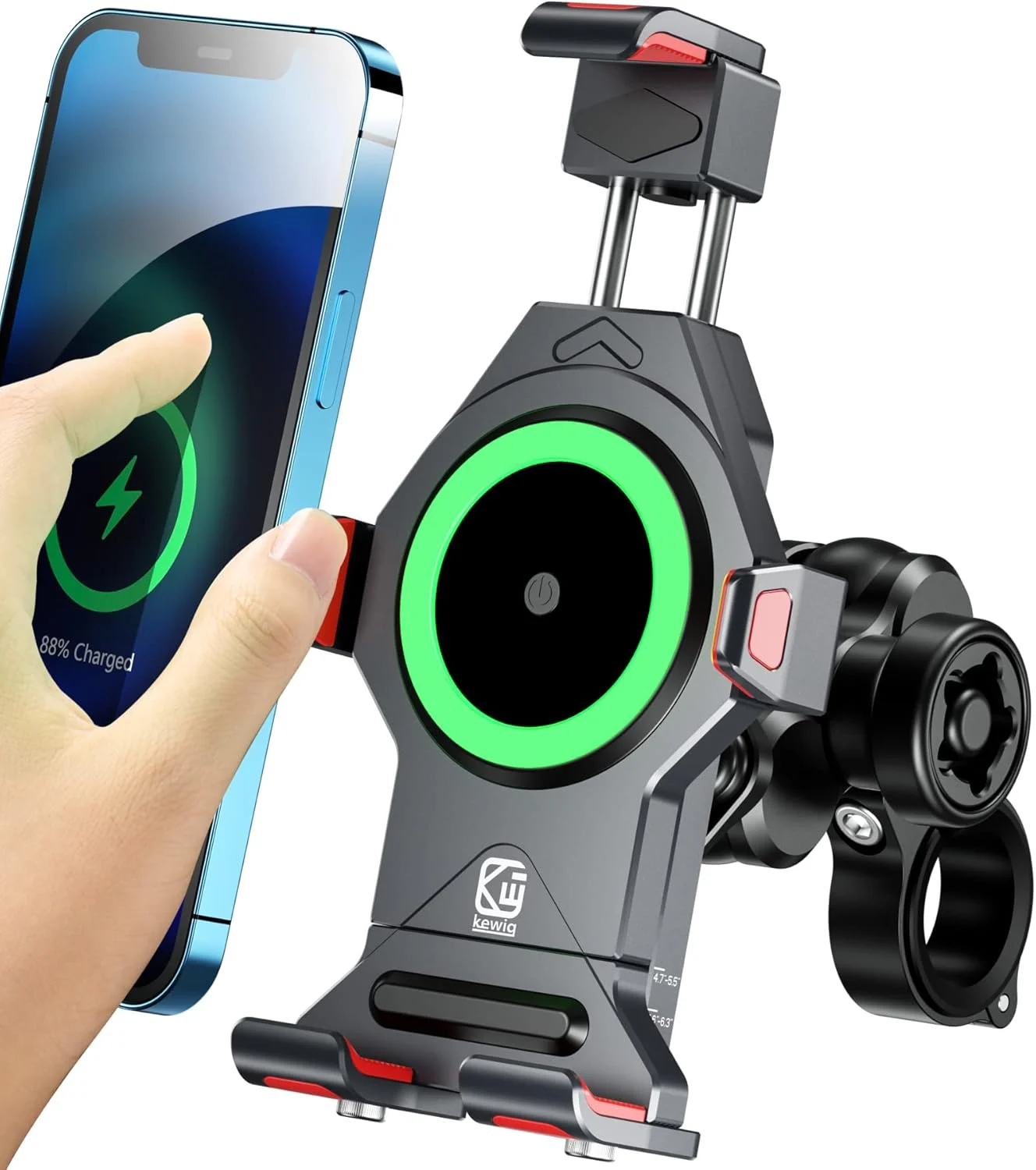 BRCOVAN Aluminum Alloy Motorcycle Phone Mount with Qi 15W Wireless Charger & Vibration Dampener, Anti-Theft Waterproof Motorcycle Handlebar Cellphone Holder, Adjustable Fit 4.7”-7.2” Smartphones