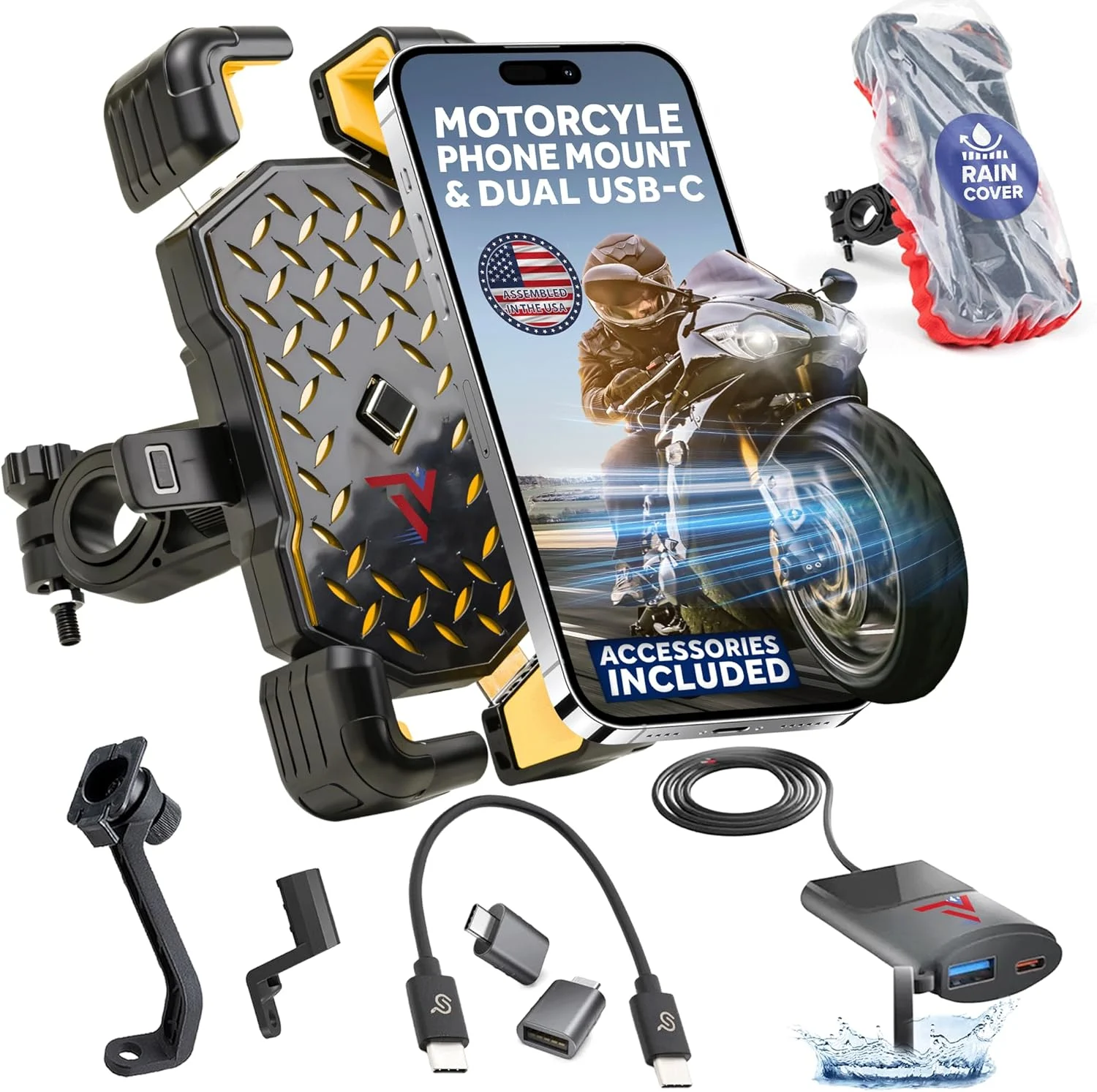 Motorcycle Phone Mount with USB Charger (3.25–7″) – Waterproof Cell Phone Holder for Motorcycle, ATV, Snowmobile – 12V Dual USB-C Fast Charging – Includes Mirror Mount & Rain Cover