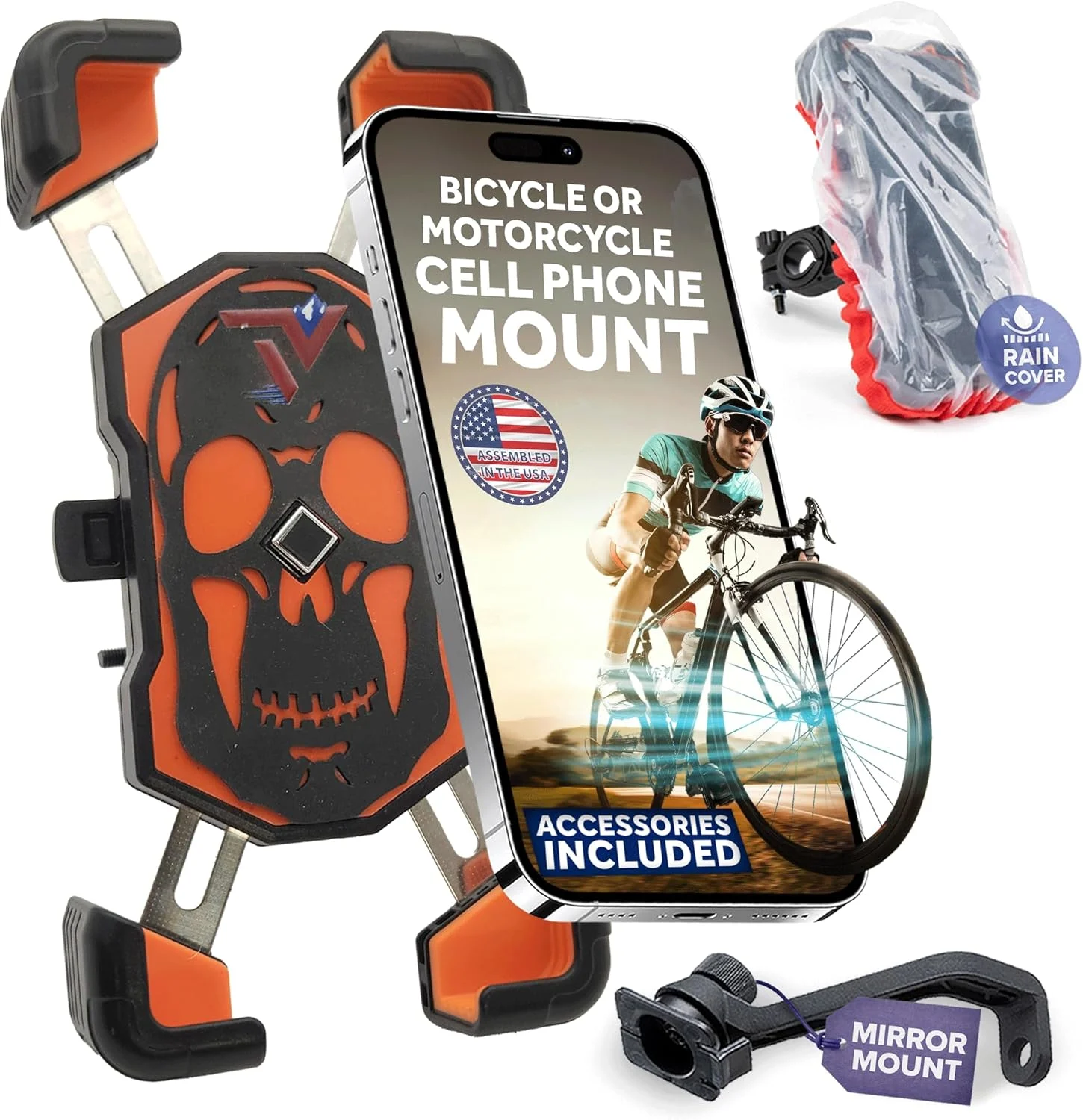 Terminal Velocity Sport – Motorcycle Phone Mount – Bike Cell Phone Holder – Bike Phone Mount, for iPhone & Android – Fits Harley Davidson, eBike, ATV, Bicycle – Incl. Mirror & Rain-Cover