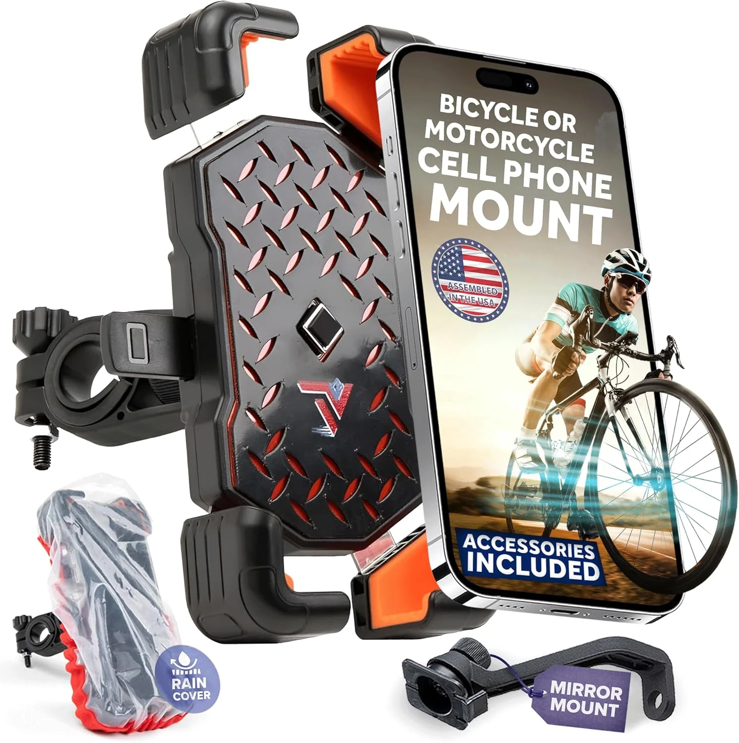 Terminal Velocity Sport – Motorcycle Phone Mount – Bike Cell Phone Holder – Bike Phone Mount, for iPhone & Android – Fits Harley Davidson, eBike, ATV, Bicycle – Incl. Mirror & Rain-Cover
