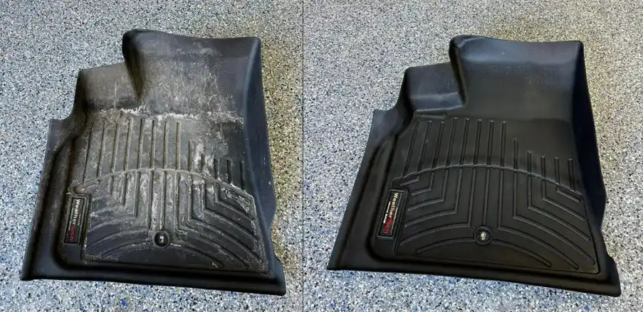 Essential tools for cleaning rubber car floor mats arranged neatly on the ground.